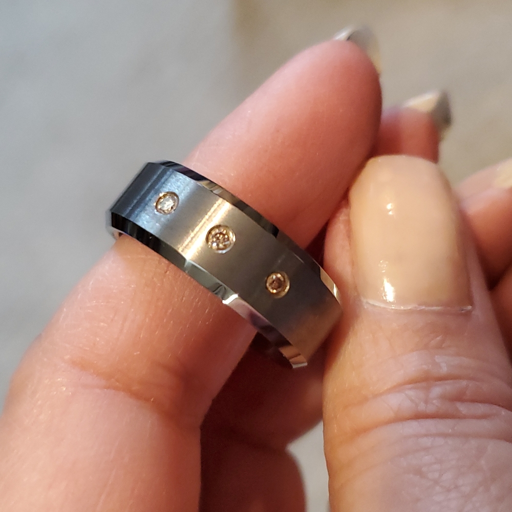 Mens tungsten triton wedding ring with 3 1/10 th of diamond t.w./NOT FOR SALE